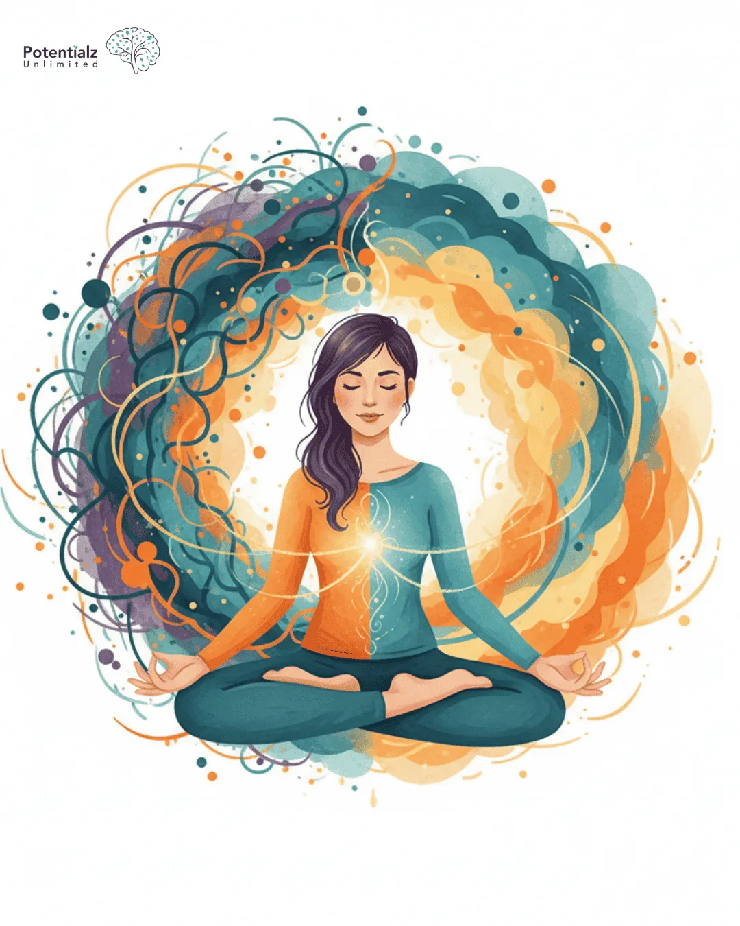 A serene individual meditates, enveloped by vibrant swirling colors symbolizing harmony and balanced emotions.