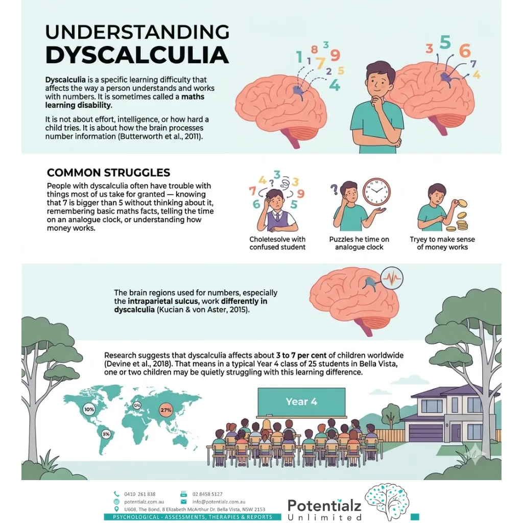 Understanding dyscalculia infographic — definition, common struggles, brain regions affected by dyscalculia, and prevalence of 3 to 7 per cent in children