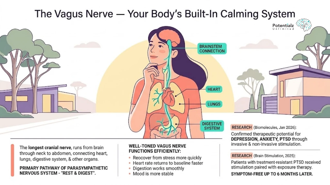 Illustration of the vagus nerve highlighting its role as the body's calming system. The image depicts the nerve's pathway from the brainstem to the heart, lungs, and digestive system. It emphasizes the nerve's function in stress recovery, mood stabilization, and effective digestion. Recent research indicates its therapeutic potential for conditions like depression, anxiety, and PTSD.