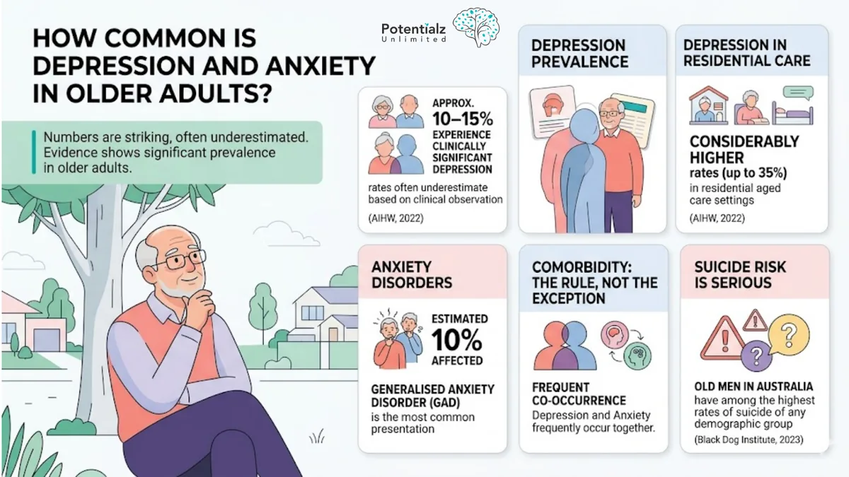 Infographic showing how common depression and anxiety are in older adults — 10–15% experience clinically significant depression, up to 35% in residential aged care (AIHW 2022)