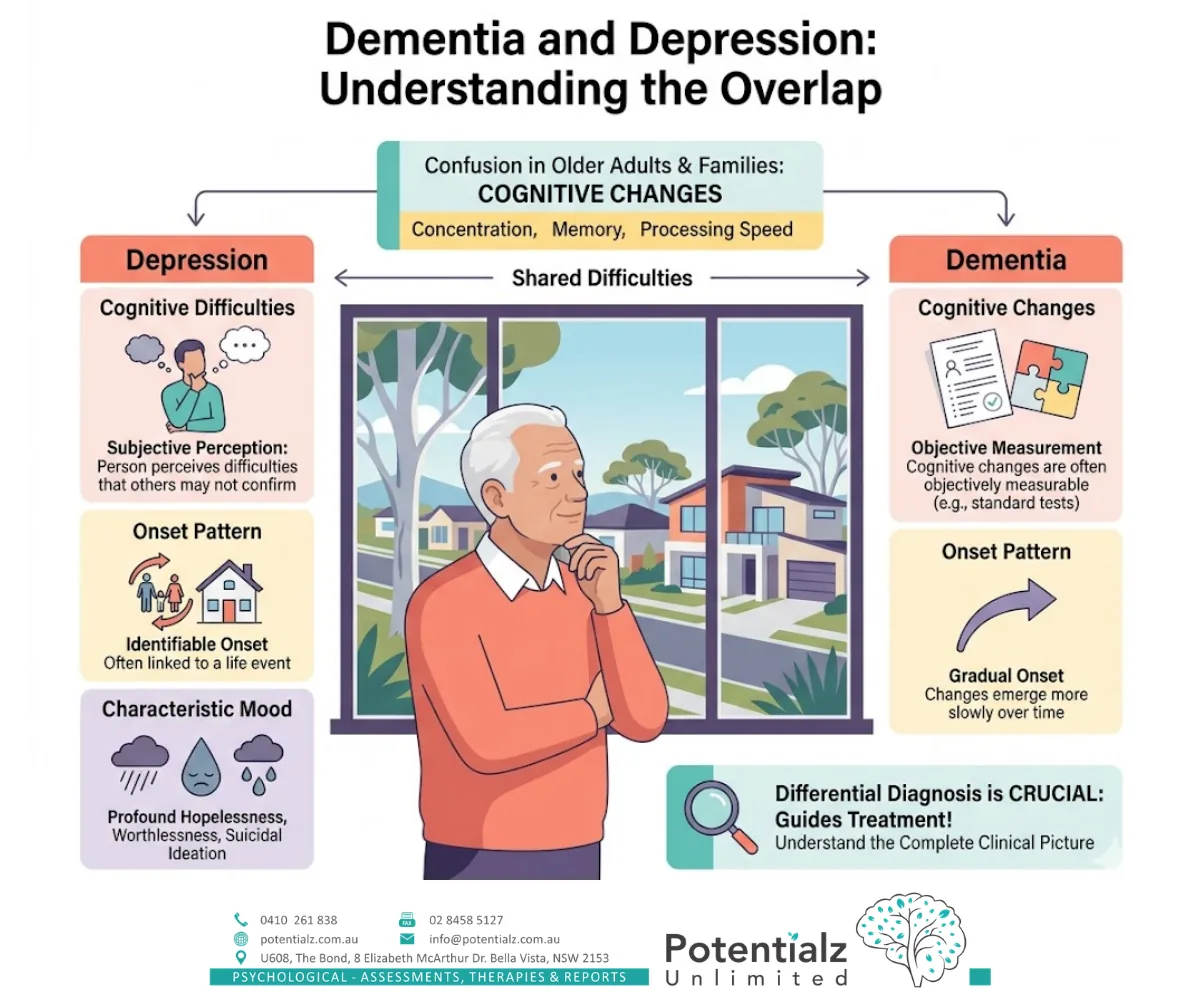 Infographic comparing dementia and depression in older adults — cognitive difficulties, onset pattern, and mood differences guiding differential diagnosis