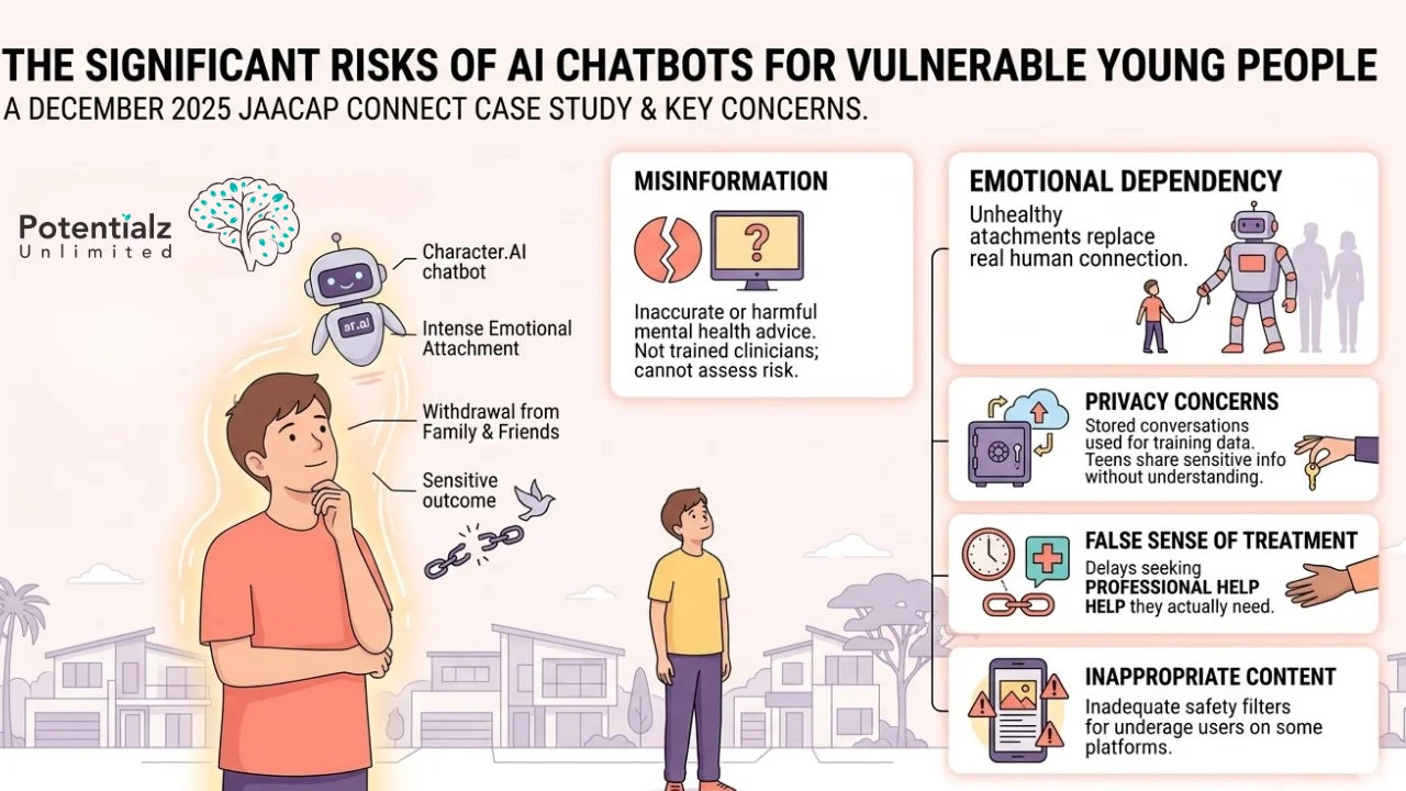 Infographic illustrating the significant risks of AI chatbots for vulnerable young people based on a December 2025 JAACAP Connect case study, highlighting misinformation, emotional dependency, privacy concerns, false sense of treatment, and inappropriate content