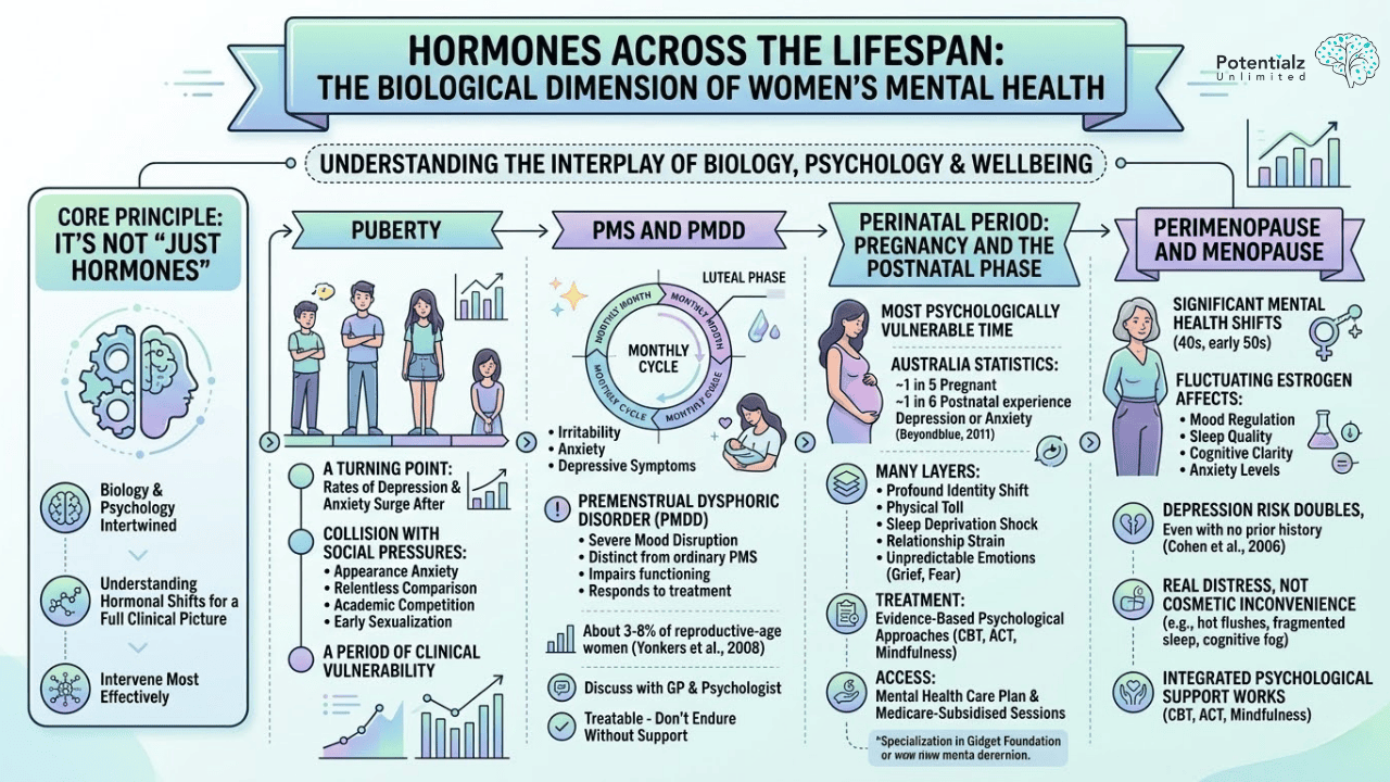 Understanding Women's Mental Health: This infographic explores the biological dimension of women's mental health across different life stages, from puberty and PMS to perimenopause and menopause. It highlights the complex interplay of hormones and psychology, identifying key periods of vulnerability and the impact of hormonal changes on mood, sleep, and anxiety.