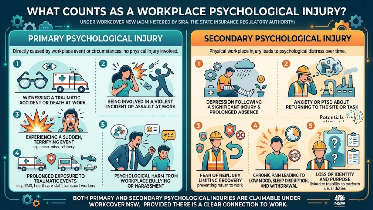 This infographic outlines primary and secondary psychological injuries in the workplace, including trauma from violent incidents, depression from prolonged absence due to injury, and anxiety about returning to work. Both types are claimable under WorkCover NSW with a clear connection to work.