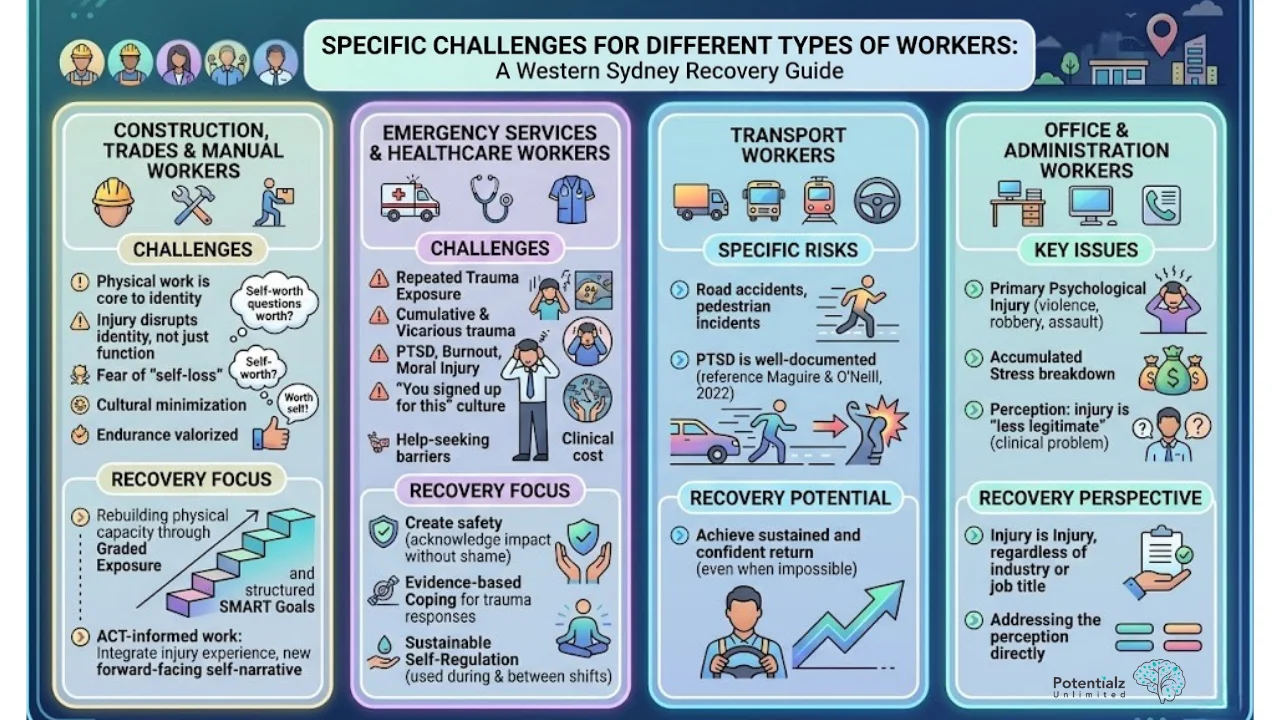 Specific challenges and recovery strategies for workers in Western Sydney: A guide highlights the unique difficulties faced by construction, emergency services, transport, and office workers, offering tailored solutions for overcoming trauma, stress, and injury within each sector.